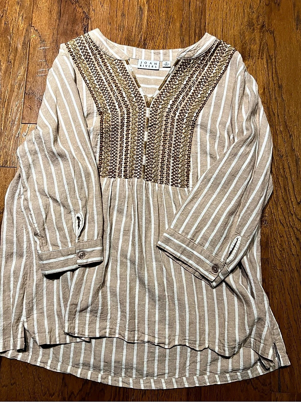 Joan Rivers Striped Embroidered Blouse in Brown & White Size Medium
